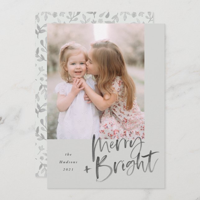 Modern Watercolor Script Sage Grönt Merry Bright Julkort (Fram/baksida)