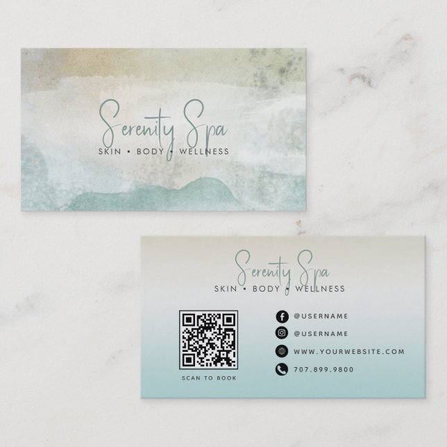 Modern Watercolor Spa QR-kod Visitkort (Fram/baksida)