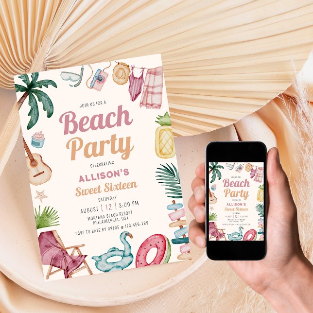 Modern Watercolor Summer Beach-Sweet sixteen Inbjudningar (Skapare uppladdad)