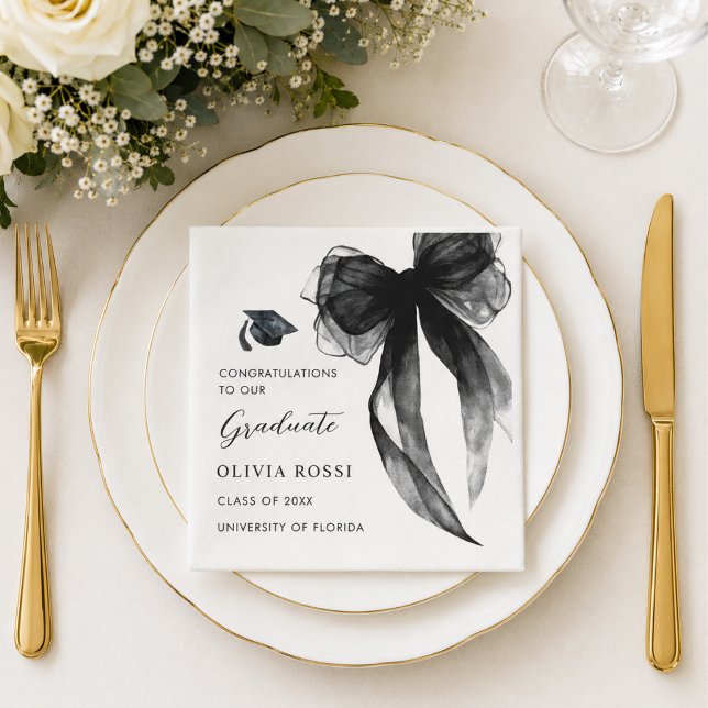 Modern Watercolor Svart Båge Coquette Examen  Pappersservett (Modern watercolor black Bow Coquette graduation party Napkins)