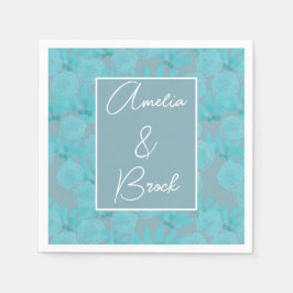 Modern Watercolor Teal Blue Blommigt Design Bröllo Pappersservett
