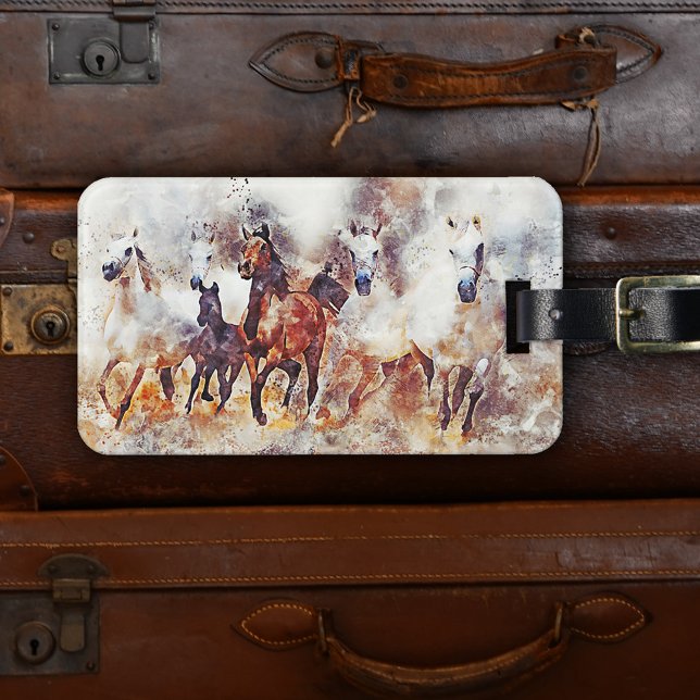 Modern Watercolor Vild Horses Bagagebricka (Luggage tag featuring a watercolor painting of wild running horses. Beautiful for any horse lover)
