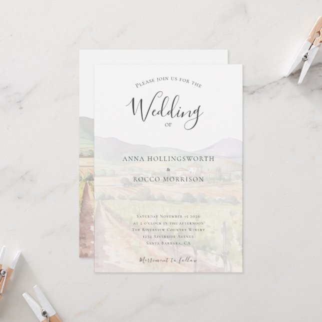 Modern Watercolor Vineyard Winery Bröllop Inbjudningar (Fram/Back In Situ)