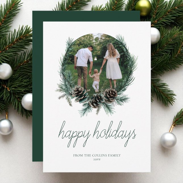 Modern Watercolor Wandefoto Glad helg Julkort (Modern Watercolor Wreath Photo Happy Holidays Holiday Card)
