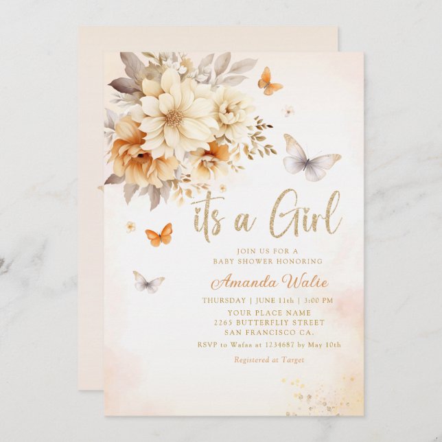 Modern Watercolor WildblomBoho Girl Baby Shower Inbjudningar (Fram/baksida)