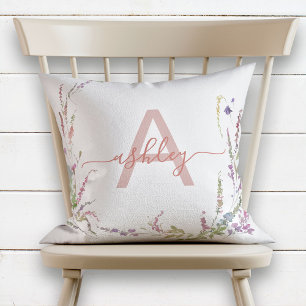 Modern Watercolor Wildblomma Initial Monogram Kudde