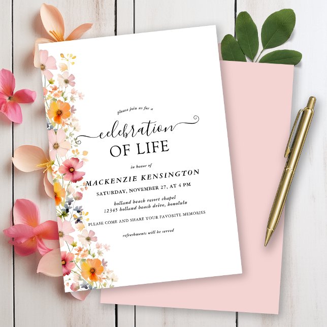 Modern Watercolor Wildblommor Firande i Life Inbjudningar (Modern Watercolor Wildflowers Celebration of Life Invitation)