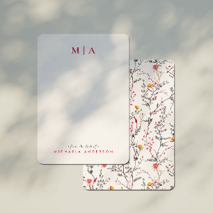 Modern Watercolor Wildblommor Rosa Monogram & Namn Anteckningskort