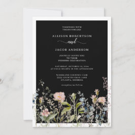 Modern Watercolor Wildbloms Blommigt Black Bröllop Inbjudningar