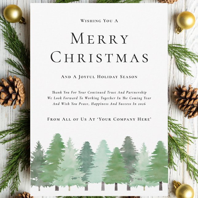 Modern Watercolor Woodland Business jul Julkort (Modern watercolor woodland christmas business holiday greetings card Elegant corporate design)