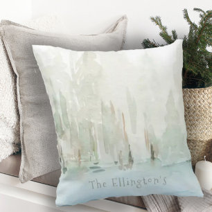 Modern Watercolor Woodland Scene Family Namn Kudde