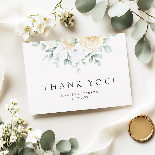Modern Watercolour White Rose Eucalyptus Greenery Tack Kort (Skapare uppladdad)