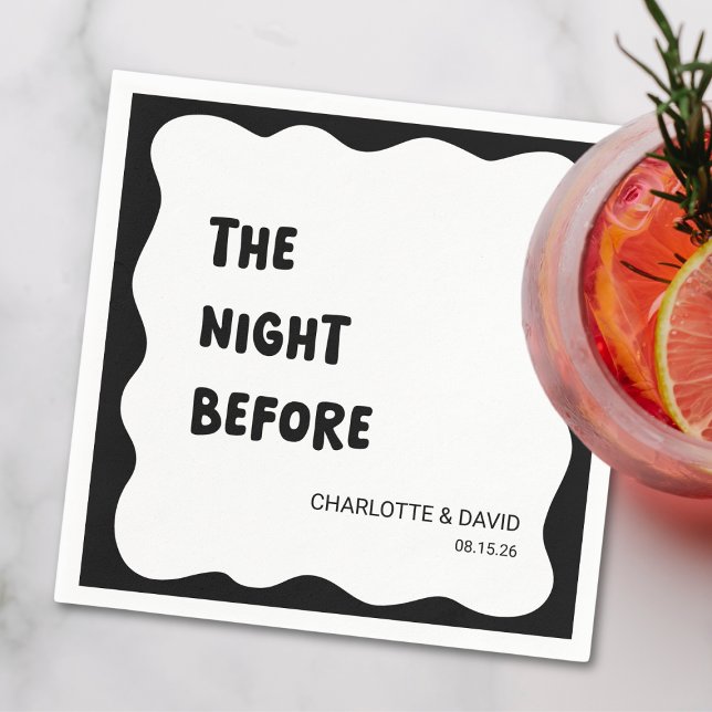 Modern Wave Gräns Black & White Rehearsal Dinner Pappersservett (Personalize your rehearsal dinner with these trendy napkins to set a bold & fun tone for the evening)