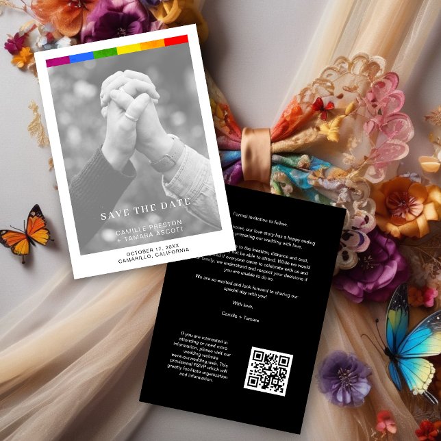Modern Wedding Editorial LGBTQ+ Pride Photo Spara Datumet (Minimalist Black and White LGBTQ+ Marriage Announcement with Custom QR Code.)
