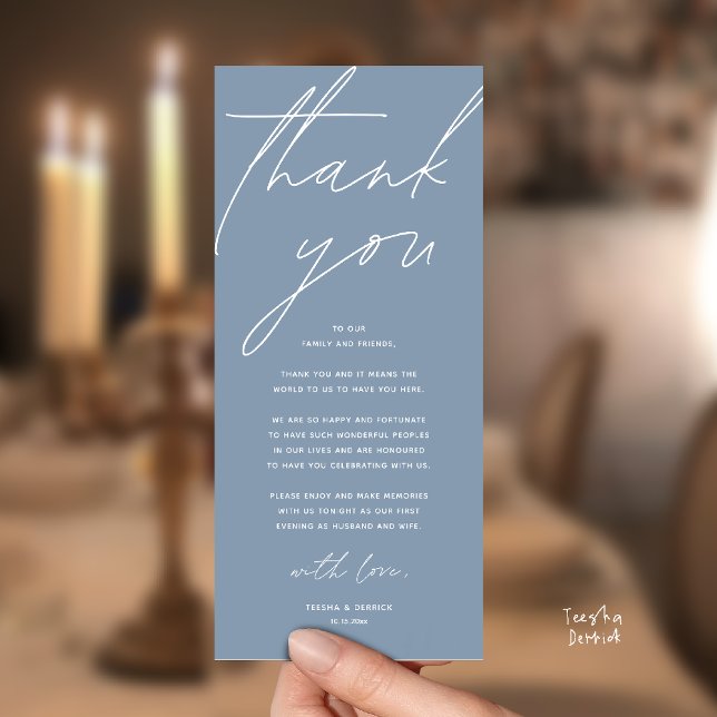 Modern Wedding Reception Dinner Thank You Card Program (Modern Wedding Reception Dinner Lunch Brunch Party Thank You Card in dusty blue)