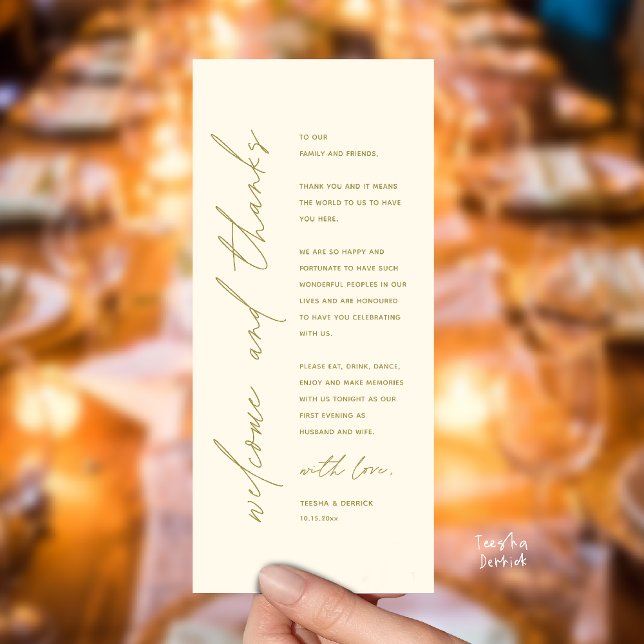 Modern Wedding Reception Dinner Thank You Card Program (Welcome and thanks, Modern Wedding Reception Dinner Thank You card, family friends in yellow gold)