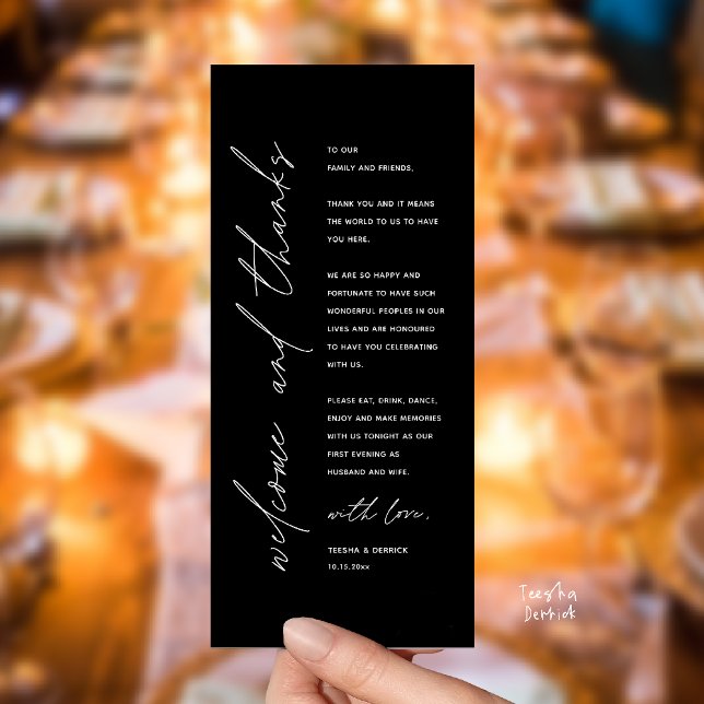 Modern Wedding Reception Dinner Thank You Card Program (Welcome and thanks, Modern Wedding Reception Dinner Thank You card, family friends in white black)