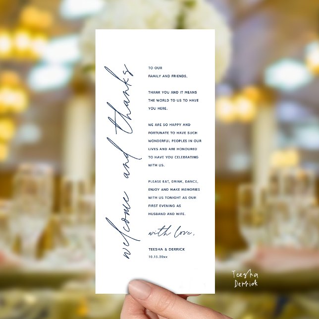 Modern Wedding Reception Dinner Thank You Card Program (Welcome and thanks, Modern Wedding Reception Dinner Thank You card, family friends in navy blue)