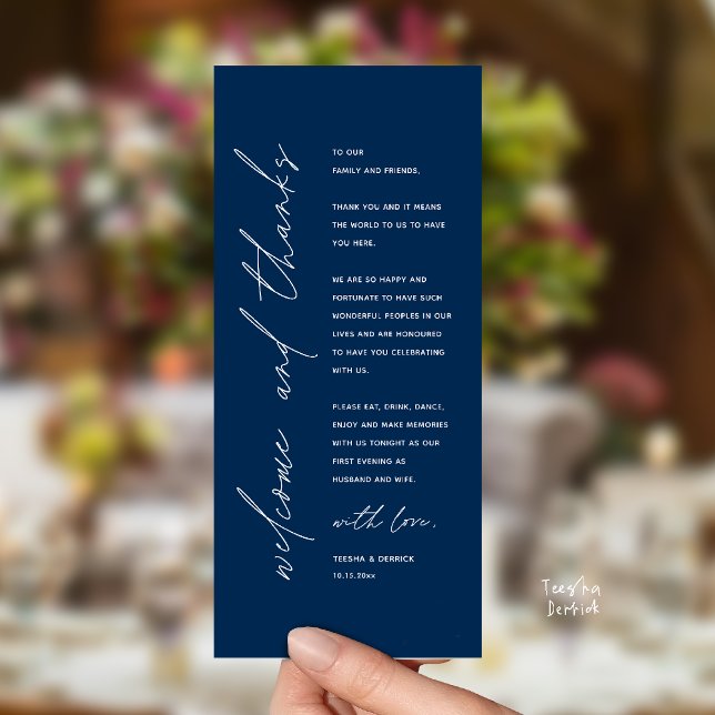 Modern Wedding Reception Dinner Thank You Card Program (Welcome and thanks, Modern Wedding Reception Dinner Thank You card, family friends in navy blue)