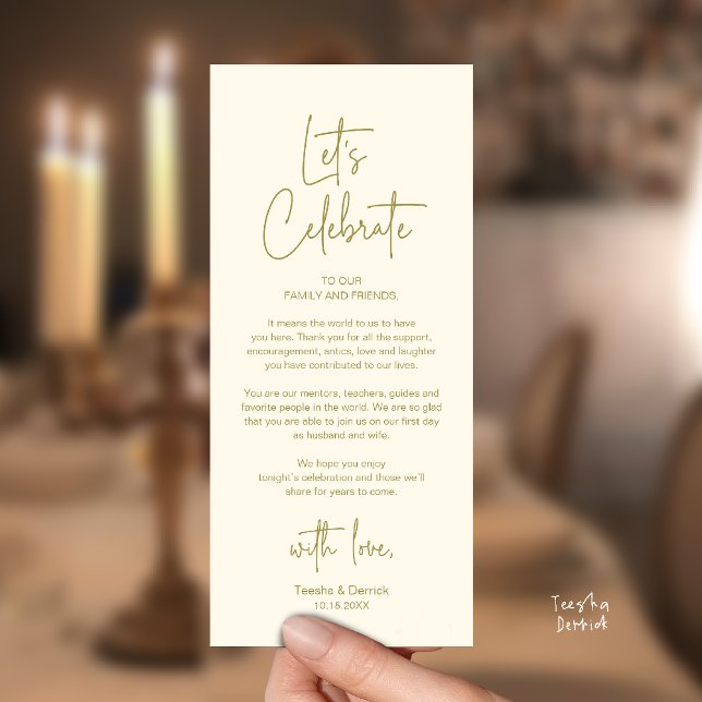 Modern Wedding Reception Dinner Thank You Card Program (Modern Classy Wedding Reception Dinner Thank You Card in Yellow Gold)