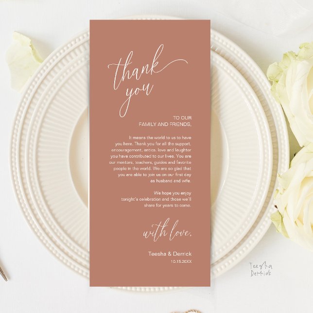 Modern Wedding Reception Dinner Thank You Card Program (Modern Wedding Reception Dinner Thank You Card in rustic terracotta brown)