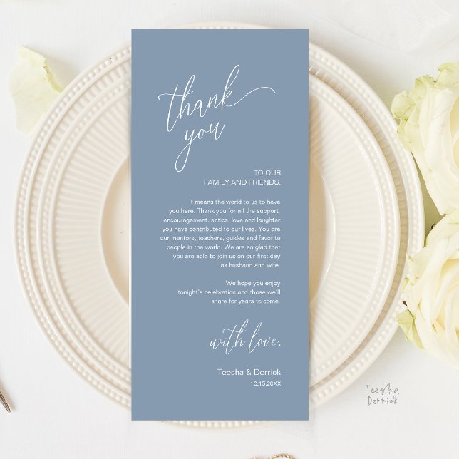 Modern Wedding Reception Dinner Thank You Card Program (Modern Wedding Reception Dinner Thank You Card in Dusty Blue)