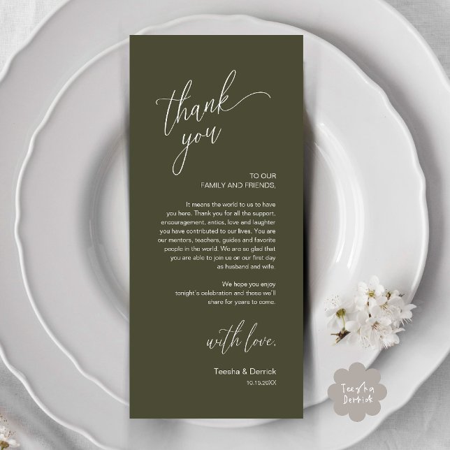 Modern Wedding Reception Dinner Thank You Card Program (Modern Wedding Reception Dinner Thank You Card in Olive Green)
