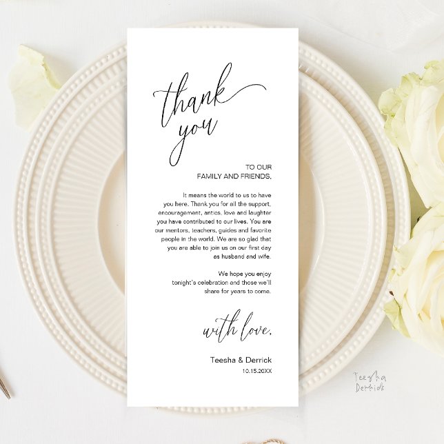 Modern Wedding Reception Dinner Thank You Card Program (Modern Wedding Reception Dinner Thank You Card in Black and White)