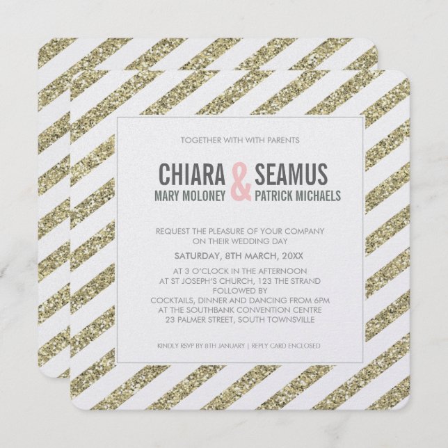 MODERN WEDING INVITATION glitter rand mjuka guld Inbjudningar (Fram/baksida)
