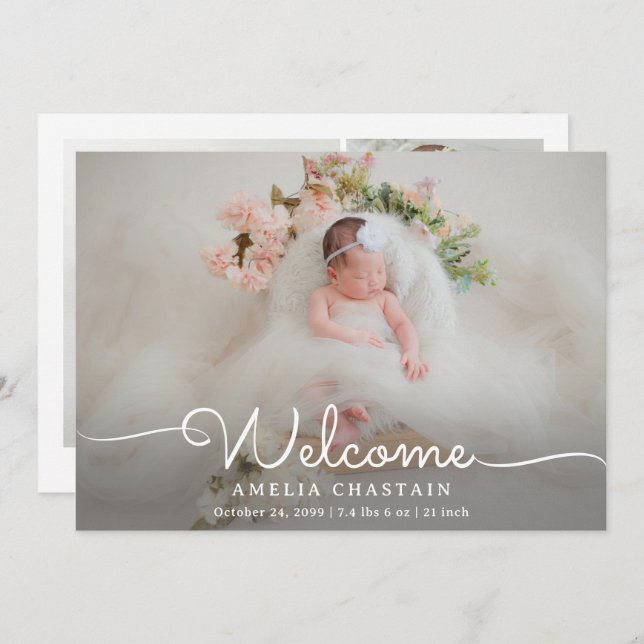 Modern Welcome Calligraphy 4 Photo Baby Birth Meddelande (Fram/baksida)