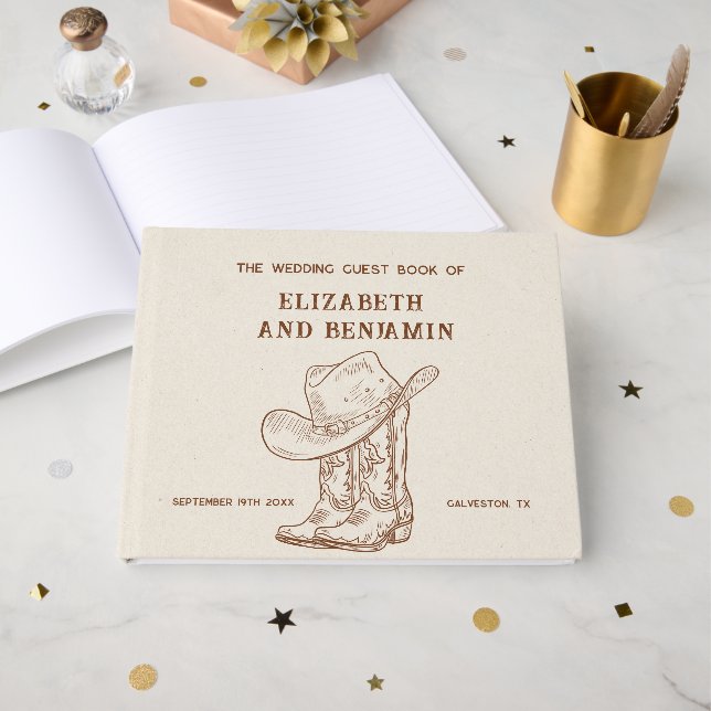 Modern Western Cowboy Boots and Hat Barn Wedding Gästböcker (Framsida Öppen)