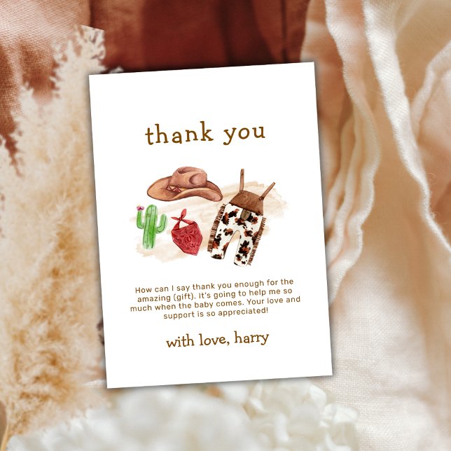 Modern Western ökenaktus Cowboybabyskåda Tack Kort (Modern Western Desert Cactus Cowboy Baby Shower Thank You Card)