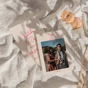 Modern Whimsic Rosa Bright Retro Photo Bröllop Spara Datumet