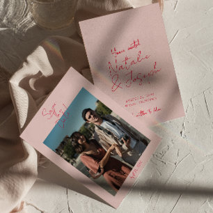 Modern Whimsic Rosa Red Retro Photo Bröllop Spara Datumet