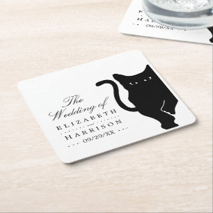 Modern Whimsical Black Cat Bröllop Underlägg Papper Kvadrat