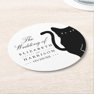 Modern Whimsical Black Cat Bröllop Underlägg Papper Rund