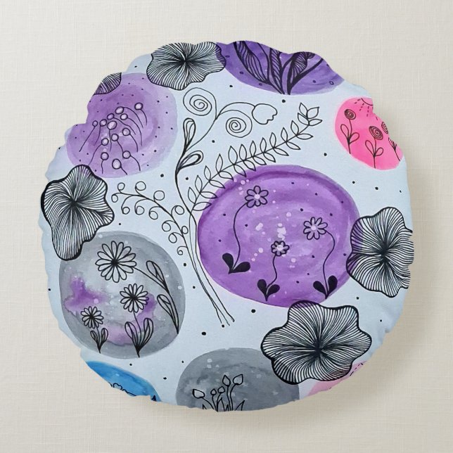 Modern Whimsical Botanical Round Throw Pillow Rund Kudde (Framsidan)