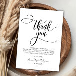 Modern Whimsical Calligraphy Script Photo Bröllop Tack Kort<br><div class="desc">Modern Chic Whimsical Calligraphy Script Photo Bröllop - tackkort. Snyggt bröllop tackar dig för att du har en mall med ett foto av fullt, "Tack" i ett snävt, snävt och snett tecken på att du skriver typsnittet typografi swash svan i svartvitt. 2-sidiga kort med förinställt tackmeddelande i framkanten och fullt...</div>
