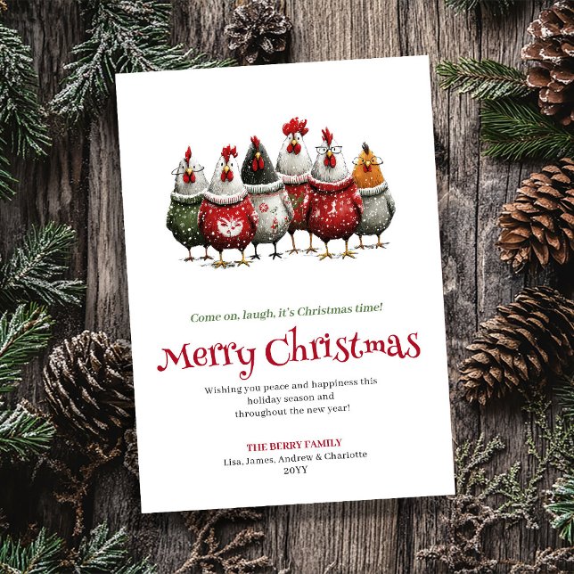 Modern Whimsical Chickens Julhälsningskort Julkort (Modern Whimsical Chickens Christmas Greeting Card)