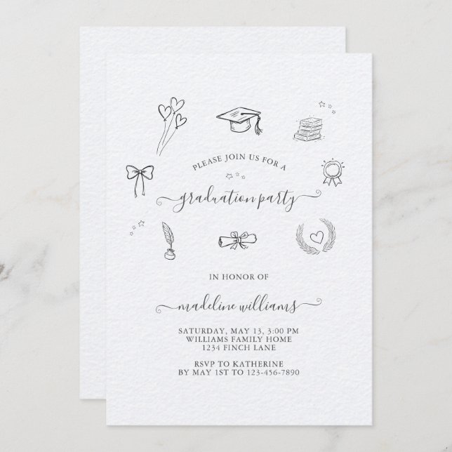 Modern Whimsical Doodle-avgångsfest  Inbjudningar (Fram/baksida)