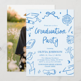 Modern Whimsical Hand Drawn Blue Graduation Party Inbjudningar