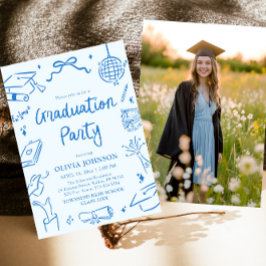 Modern Whimsical Hand Drawn Blue Graduation Party Inbjudningar
