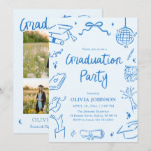 Modern Whimsical Hand Drawn Blue Graduation Party