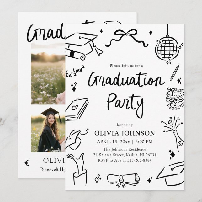Modern Whimsical Hand Drawn Bow Graduation Party  Inbjudningar (Fram/baksida)