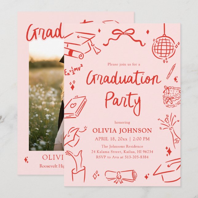 Modern Whimsical Hand Drawn Bow Graduation Party Inbjudningar (Fram/baksida)