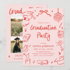 Modern Whimsical Hand Drawn Bow Graduation Party Inbjudningar