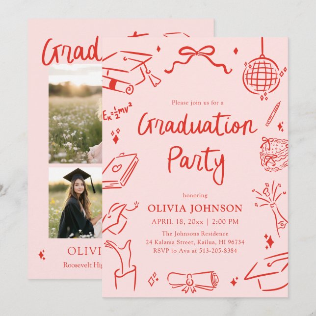 Modern Whimsical Hand Drawn Bow Graduation Party Inbjudningar (Fram/baksida)