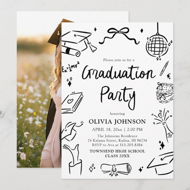 Modern Whimsical Hand Drawn Bow Graduation Party Inbjudningar (Fram/baksida)