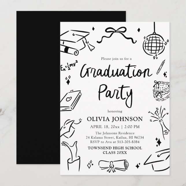 Modern Whimsical Hand Drawn Bow Graduation Party Inbjudningar (Fram/baksida)