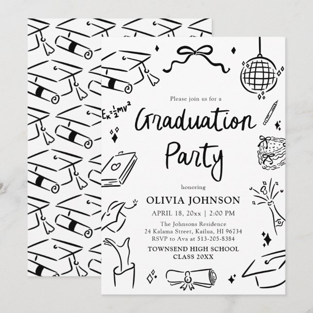 Modern Whimsical Hand Drawn Bow Graduation Party Inbjudningar (Fram/baksida)